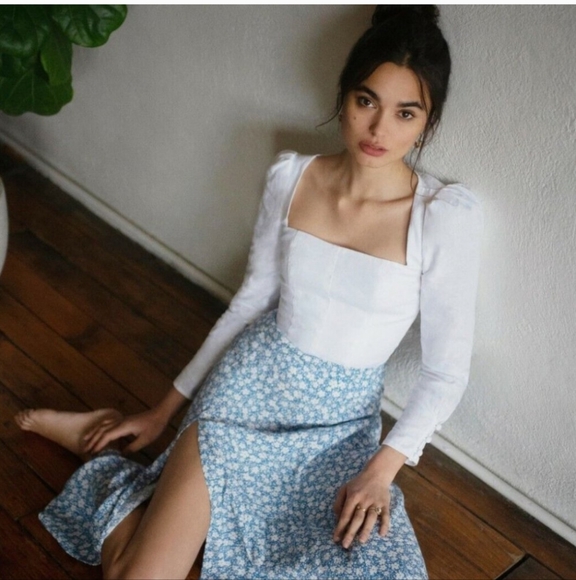 Reformation Zoe Skirt in Azzurro Light Blue White Floral Midi Slit High Rise - Picture 8 of 16